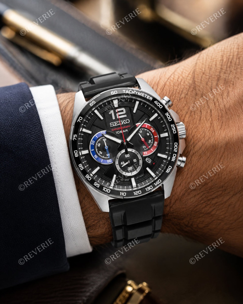 Seiko Mens Sports Chronograph 43mm - Quartz - Silver - Herrklocka - Silikon - Härdat mineralglas