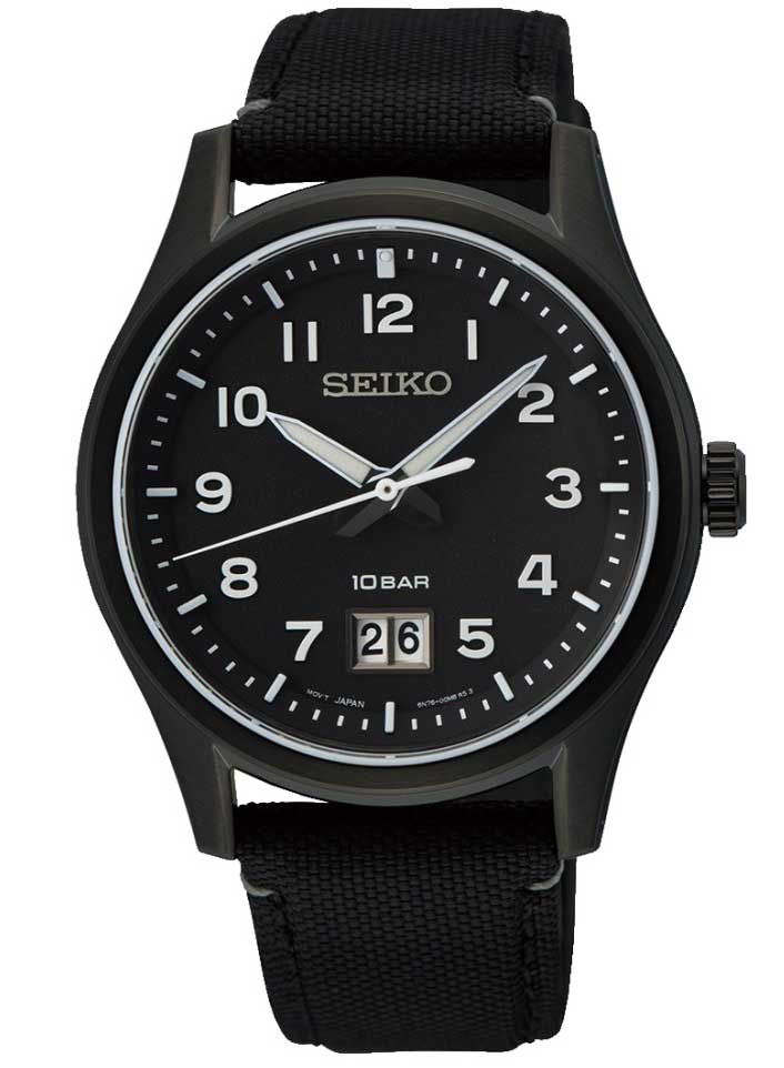 Seiko Mens Classic SUR571P1 - Quartz - Svart - Herrklocka - Textil - Safir