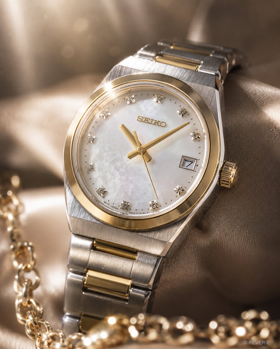 Seiko Ladies Diamonds Sapphire Mother-of-Pearl 34mm - Quartz - Guld Silver - Damklocka - Rostfri stål - Safir