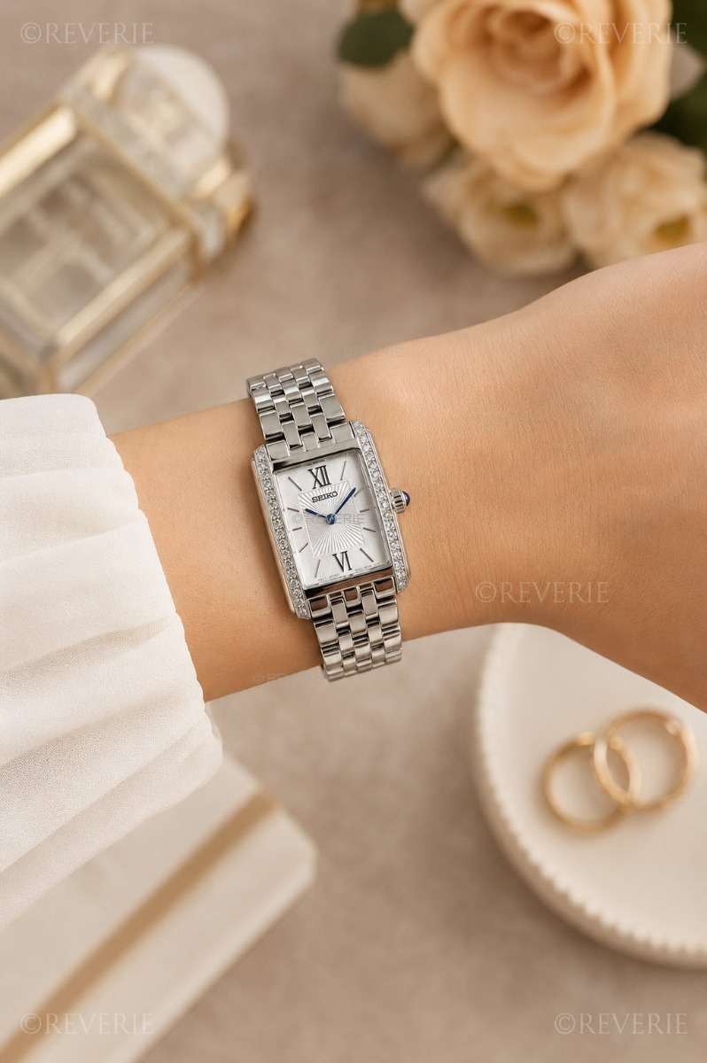 Seiko Ladies Rectangular Crystals Cabochon Crown 22mm - Quartz - Silver - Damklocka - Rostfri stål - Härdat mineralglas