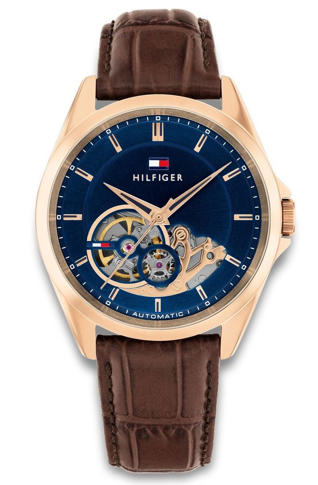 Tommy Hilfiger Mens Automatic - Automatisk - Rött guld - Herrklocka - Läder - Härdat mineralglas