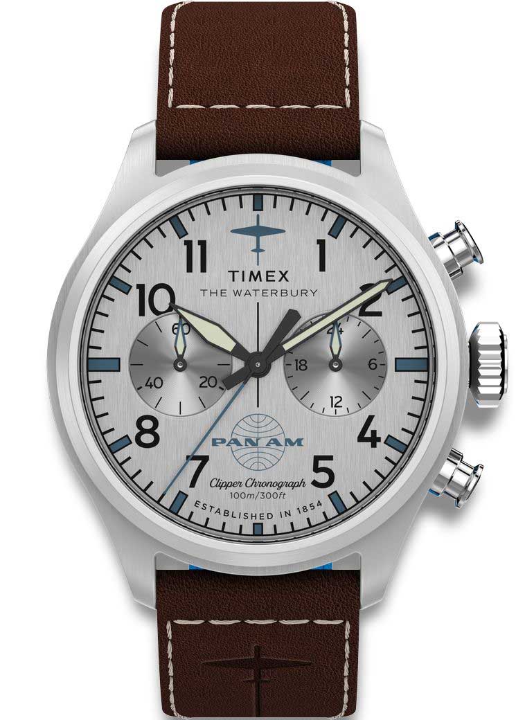 Timex Pan Am Waterbury Ace Chronograph TW2Y38700 - Quartz - Silver - Herrklocka - Läder - Härdat mineralglas