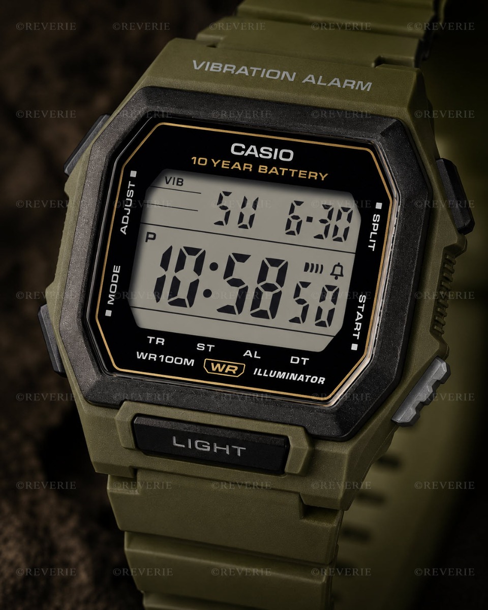 Casio Mens Green Square Digital Vibration Alarm 42mm - Digitalt - Grön - Herrklocka - Harts - Resin