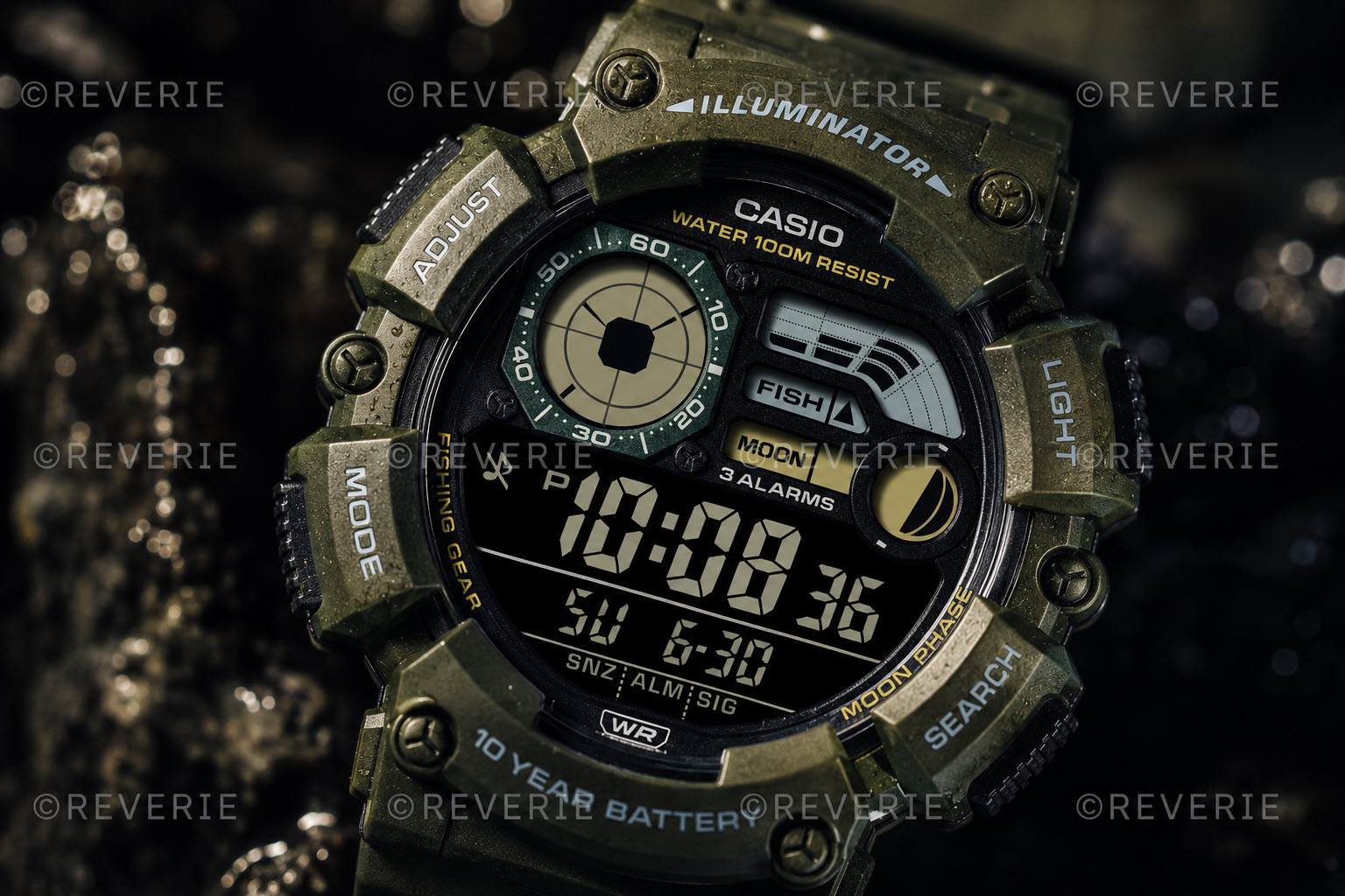 Casio Outdoor Fishing XL Green 50mm - Digitalt - Olivgrönt - Herrklocka - Harts - Härdat mineralglas