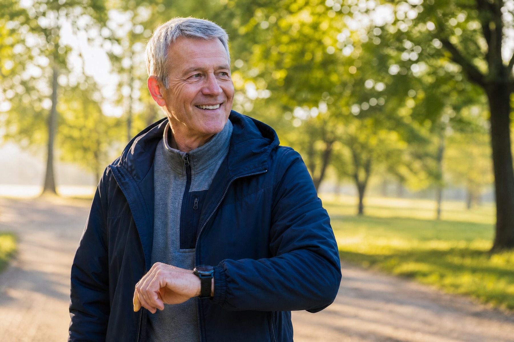 Äldre aktiv man med medicinpåminnare på promenad